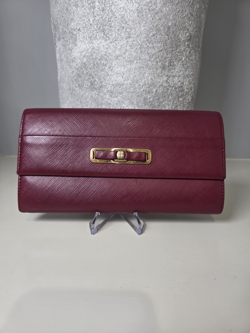 Salvatore Ferragamo Burgundy Leather Clutch Wallet with Gold Hardware